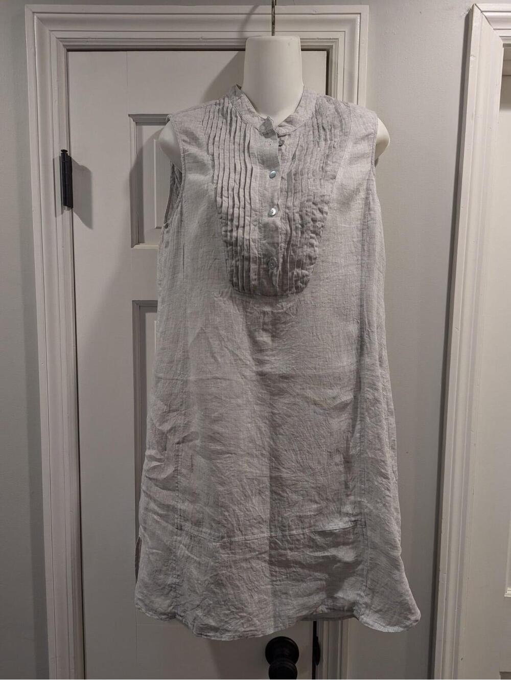 Nic + Zoe 100% Linen Dress SMALL Button Front Pockets Gray sheer BEACH Cruise